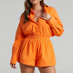 Spring Summer Solid Color Single Breasted Long-Sleeve Collared Shirt Shorts Loose Casual Two-Piece Set