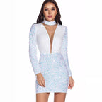 Sequin Lace High-Collar Long-Sleeve Ruched Bodycon Mini Dress