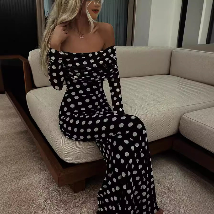 Gauze Polka Dot Stitching Off-Shoulder Slim Dress