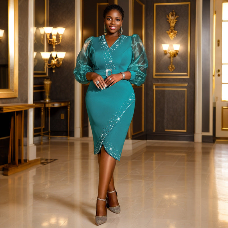 V-Neck Sheer-Sleeve Midi Dress
