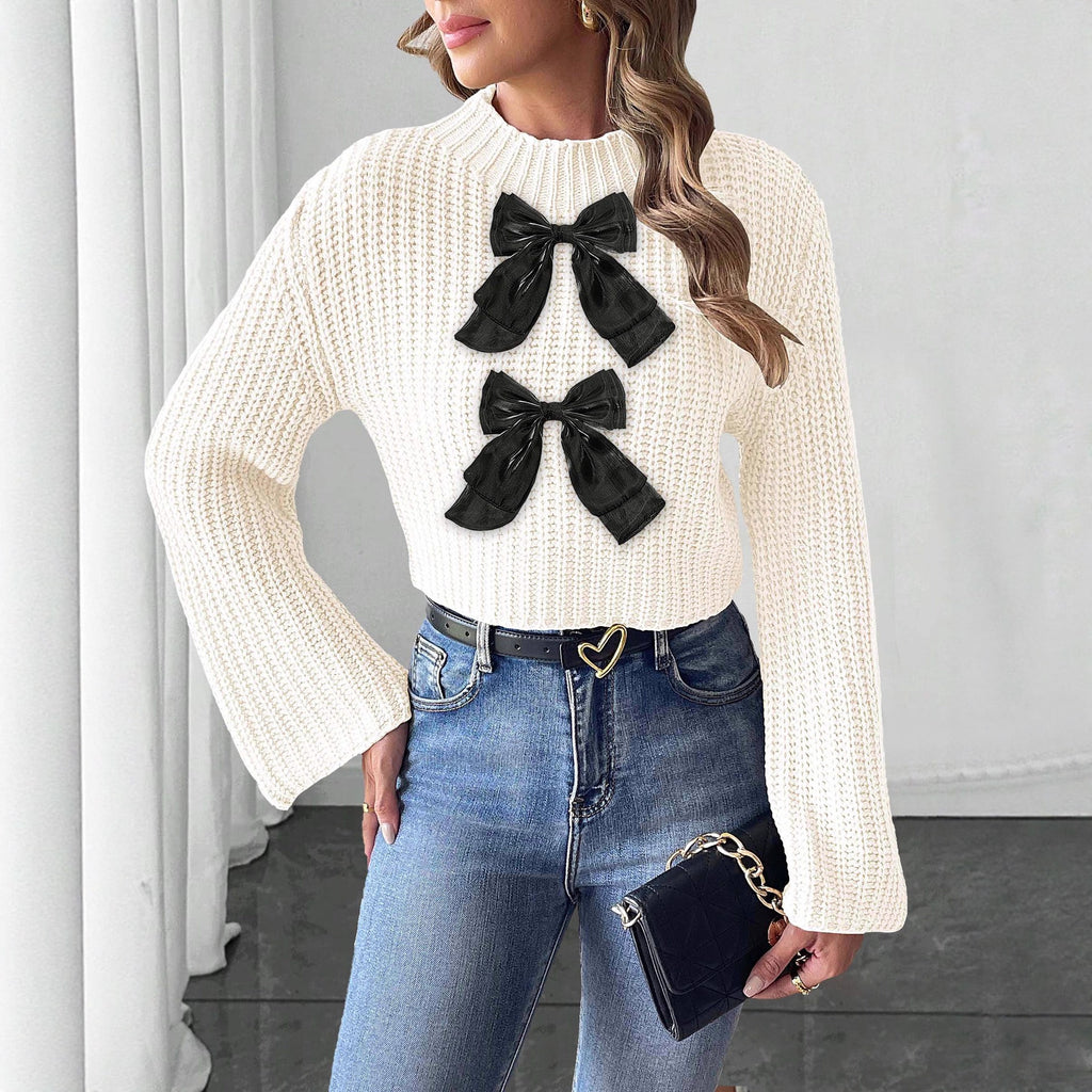 Women Short Cropped Top Woven Sweater Bow Patchwork Flared Sleeves Half Turtleneck Pullover Women