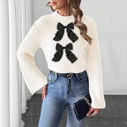 Women Short Cropped Top Woven Sweater Bow Patchwork Flared Sleeves Half Turtleneck Pullover Women