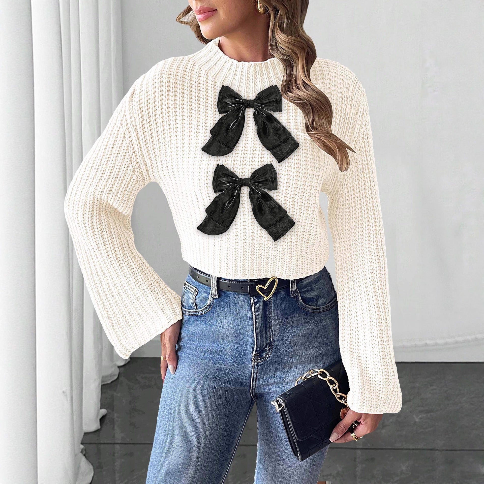 Women Short Cropped Top Woven Sweater Bow Patchwork Flared Sleeves Half Turtleneck Pullover Women