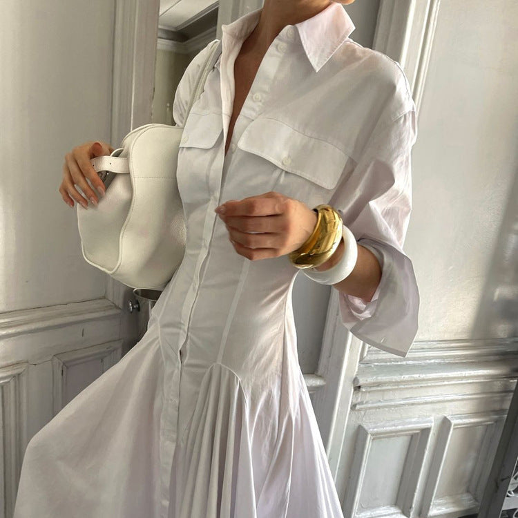 Design Pleated Single Breasted Shirt Dress Autumn Polo Collar Long Sleeve High Waist White Long Dress