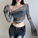 Women's Mesh Graphic Print Off-Shoulder Top