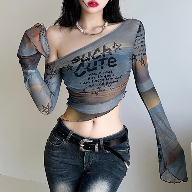 Women's Mesh Graphic Print Off-Shoulder Top