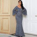 Women's Elegant Sequ Toast Mid Length Solid Color V Neck Evening Dress
