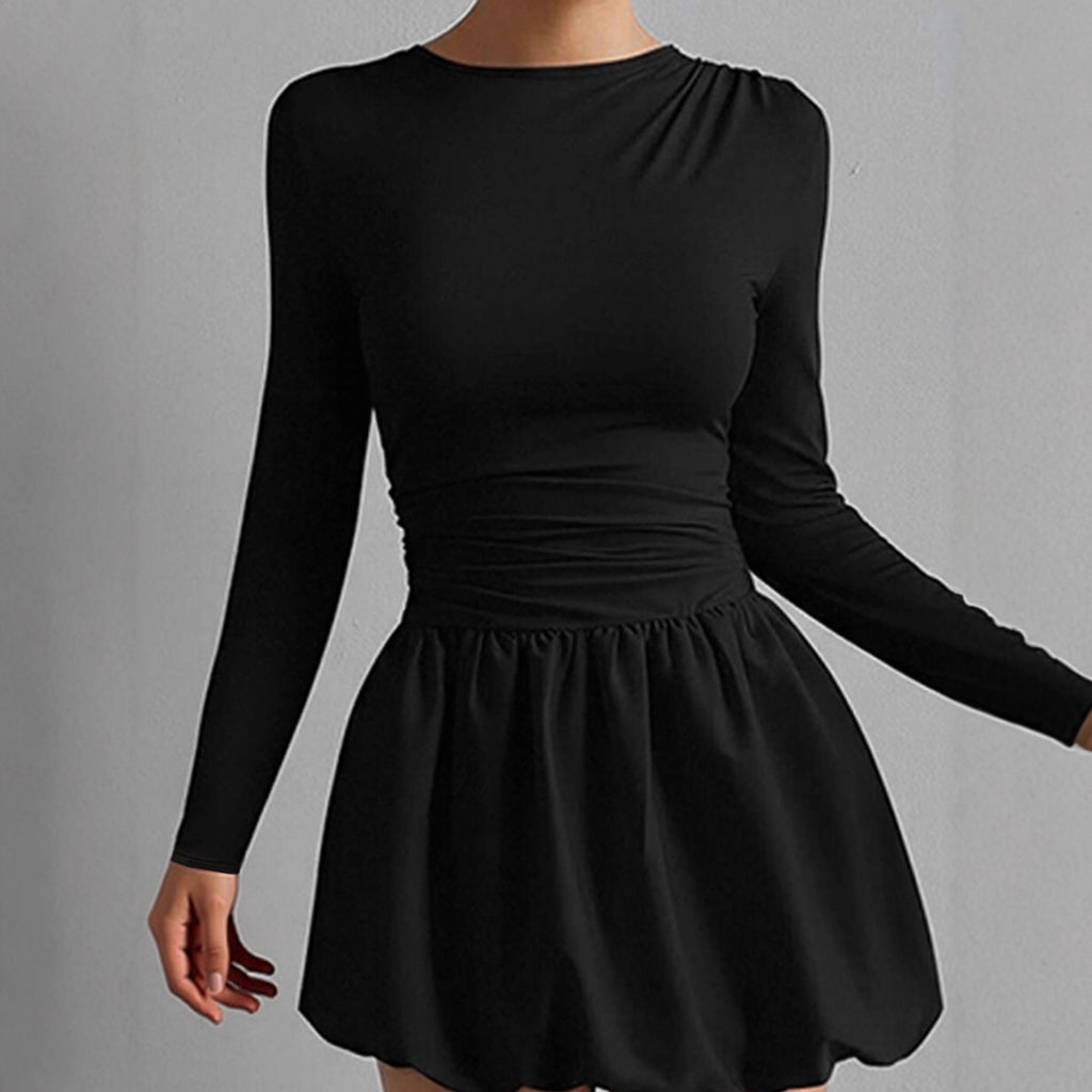 Crew-Neck Long-Sleeve Ruched A-Line Mini Dress