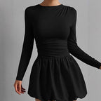 Crew-Neck Long-Sleeve Ruched A-Line Mini Dress