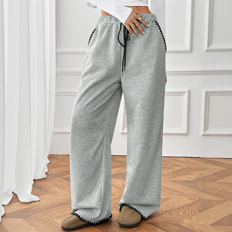 Autumn Winter Korean Idle Contrast Color Binding High Waist Wide Leg Sweatpants for Women