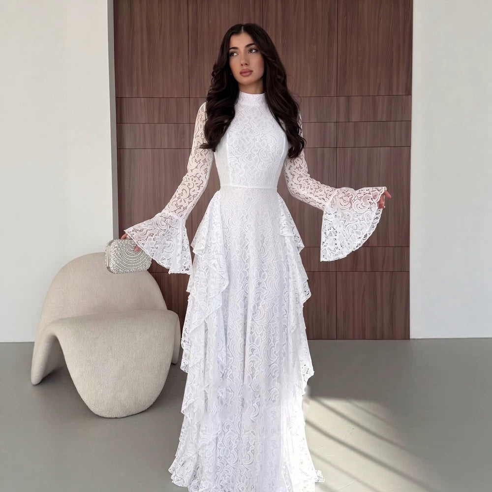 Autumn French Bell Sleeve Long Lace Dress Lace Long Sleeve Waist