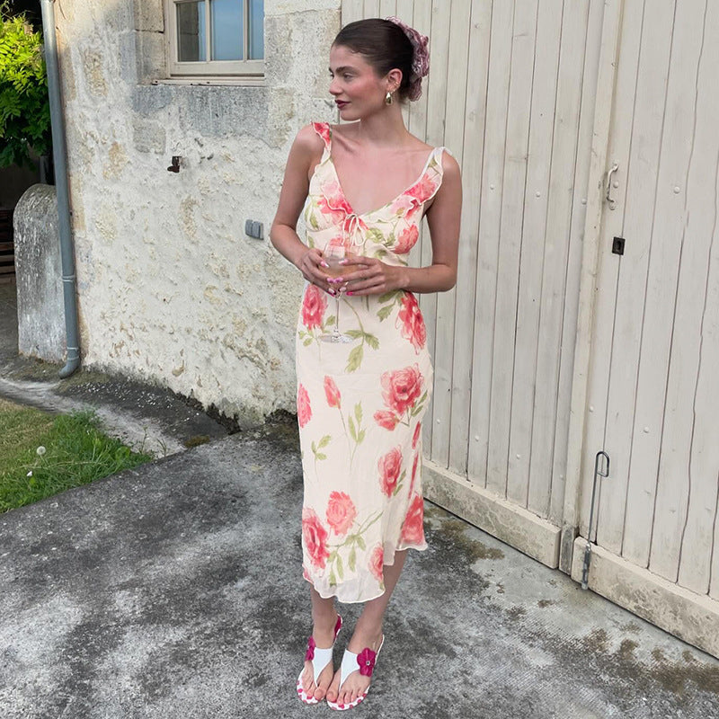 Women's Floral Mesh V-Neck Backless Vacation Maxi Dress