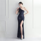 Women's Floral Oblique Shoulder Collar Split Dinner Celebration Sequin Dress