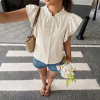 Simple French Solid Color Ruffles Stand Collar Shirt Women
