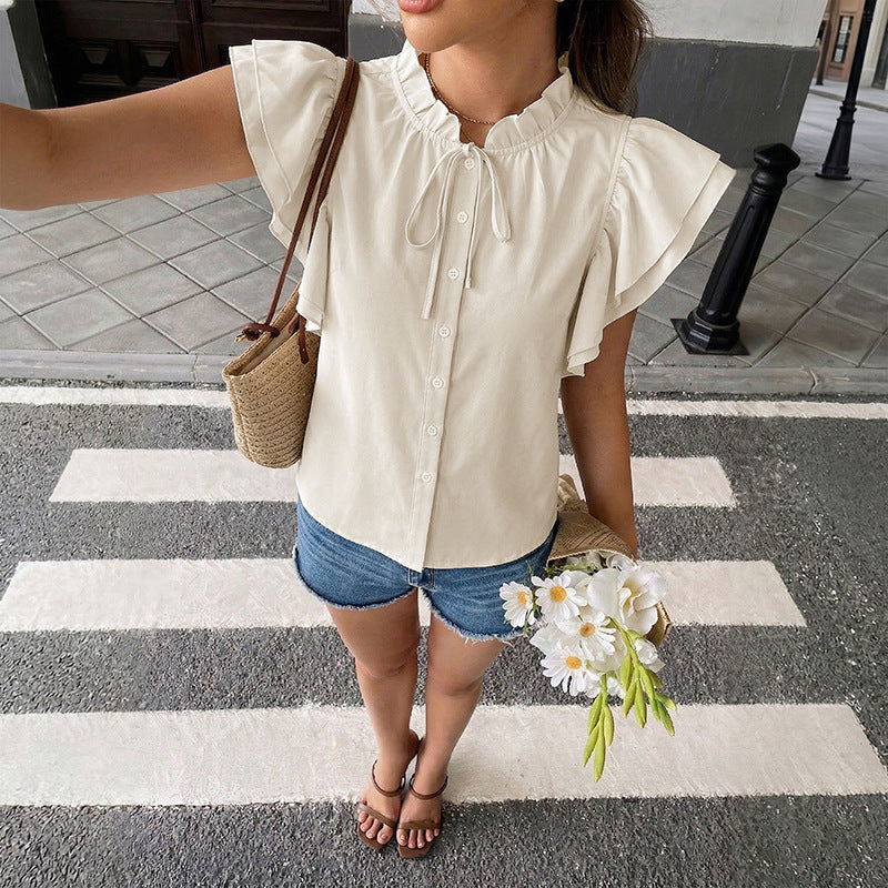 Simple French Solid Color Ruffles Stand Collar Shirt Women