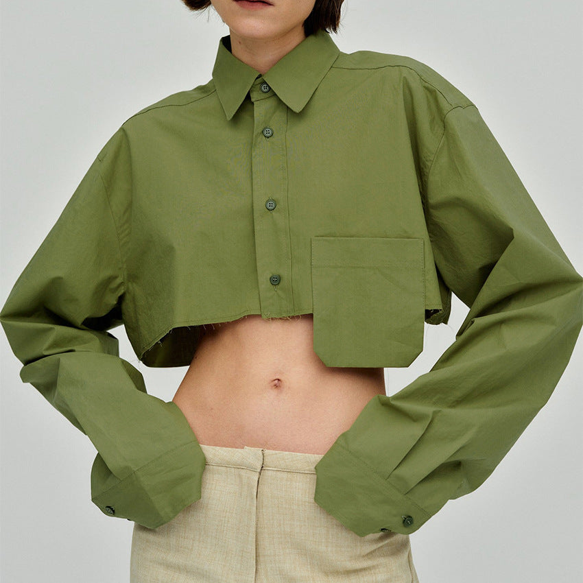 Women's Autumn Cropped Asymmetric Stitching Casual Dignified Sense Of Design Short Model In White Color Shirt Women Clothing