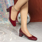 Women's Square Head Korean Patent Leather Mid Heel Chunky