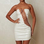 Lace-Up Strapless Faux-Leather Mini Dress