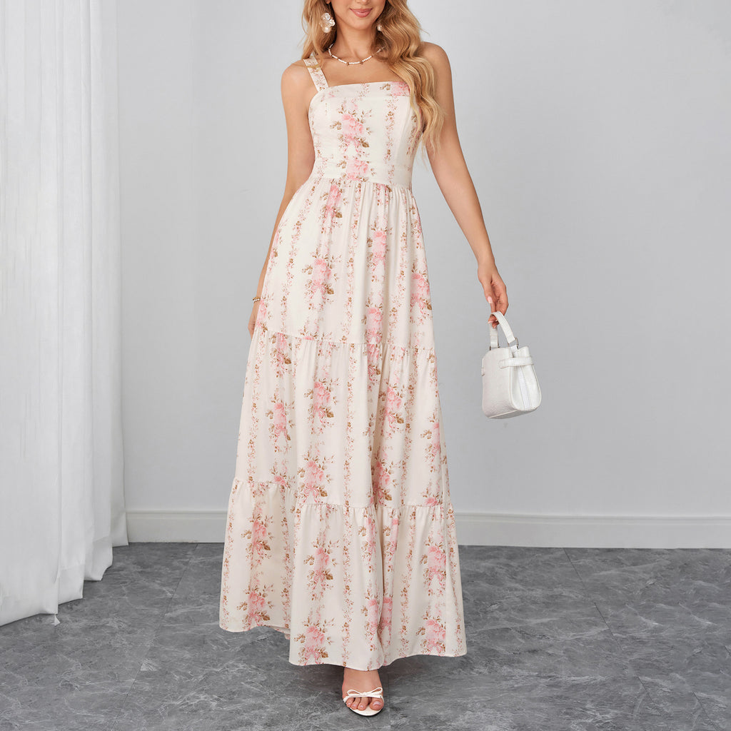Women's Floral Backless Bow Strap Maxi Dress