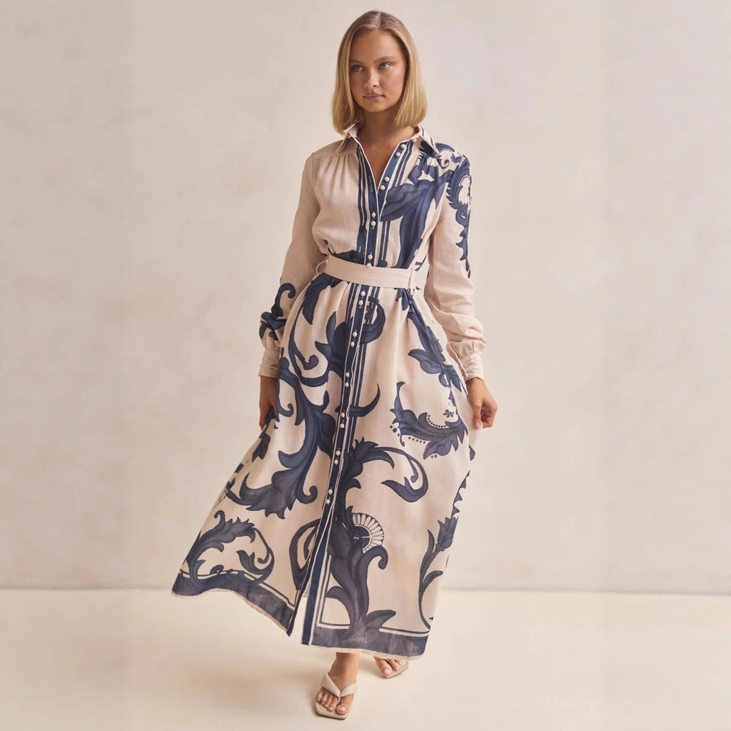 Women's Printing Belt Loose Retro Dress