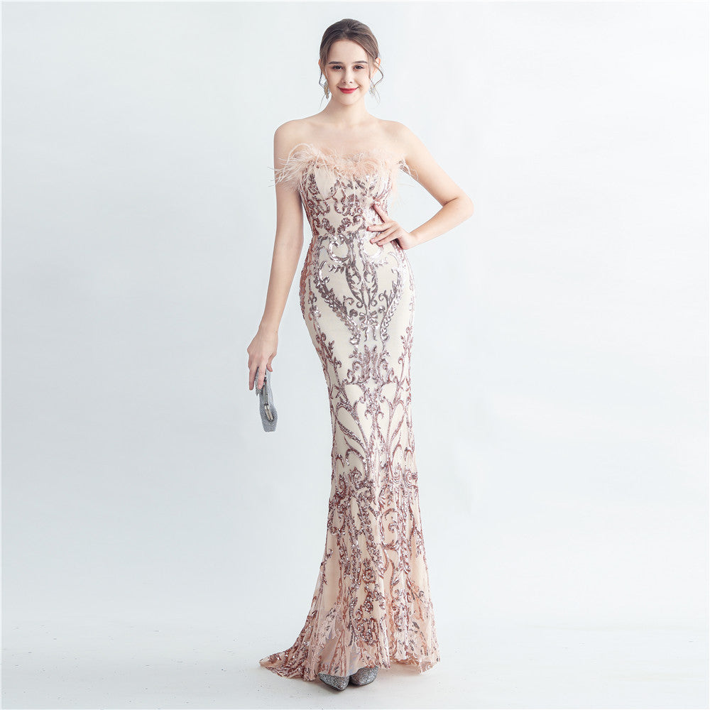 Women's Ostrich Feather Elegant Strapless Evening Dress