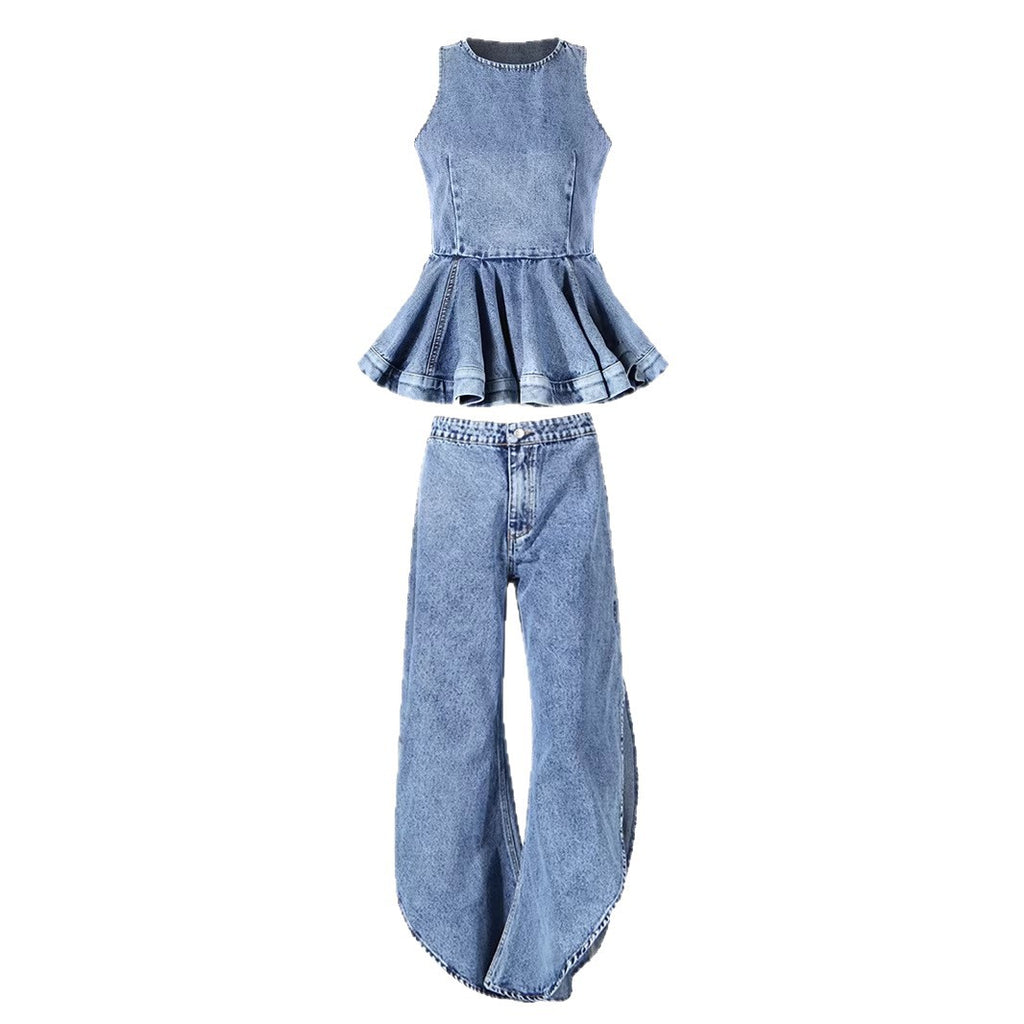 Exquisite Ruffled round Neck Sleeveless Fitted Waist Bubble Top with Split Balloon Trousers Denim Two Piece Sets Women