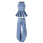 Exquisite Ruffled round Neck Sleeveless Fitted Waist Bubble Top with Split Balloon Trousers Denim Two Piece Sets Women