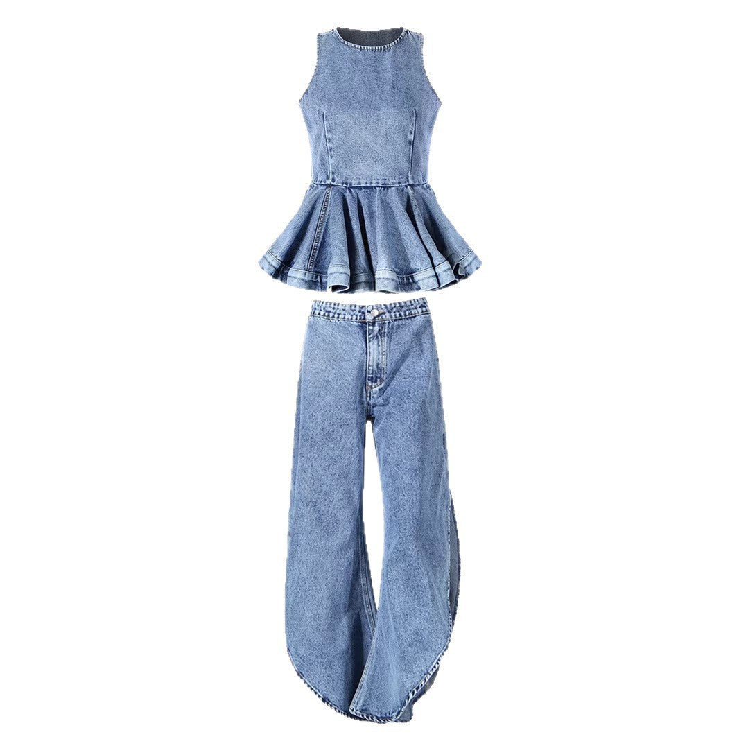 Exquisite Ruffled round Neck Sleeveless Fitted Waist Bubble Top with Split Balloon Trousers Denim Two Piece Sets Women
