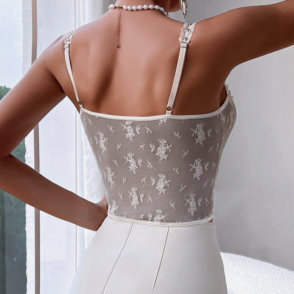 's French Strap Lace Stitching See Through Vest Top