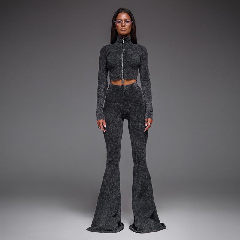 Zipper Short Top High Waist Belly Contracting Trousers Bell Bottom