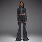 Zipper Short Top High Waist Belly Contracting Trousers Bell Bottom