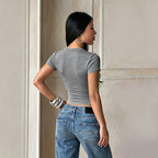 Casual Top Summer Cross Collar Design Pockets T shirt for
