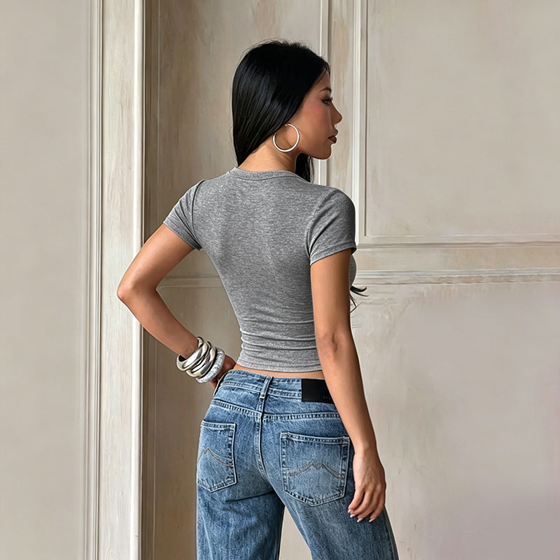 Casual Top Summer Cross Collar Design Pockets T shirt for