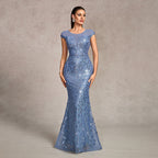 Women's Mesh Embroidered Sequin Short Sleeve Round Neck V Back Elegant Dress