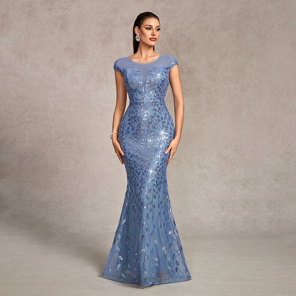 Women's Mesh Embroidered Sequin Short Sleeve Round Neck V Back Elegant Dress