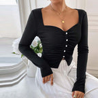 Women's French Square Neck Button Long Sleeve Top