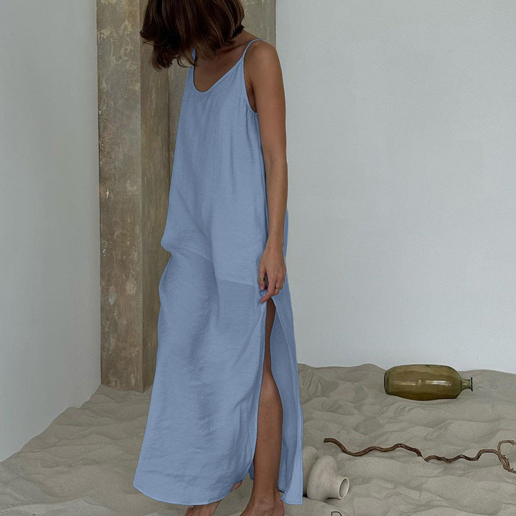 round Neck Sleeveless Suspender Dress Backless Slit