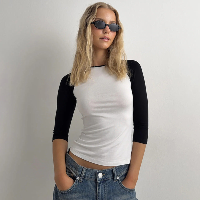 Women Clothing Short Casual Contrast Color Raglan Slim Fit Slimming Top