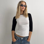 Women Clothing Short Casual Contrast Color Raglan Slim Fit Slimming Top