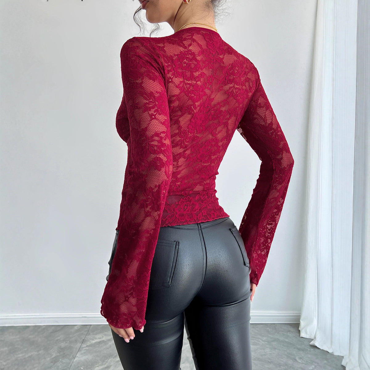 Solid Lace V-Neck Long-Sleeve Top