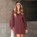 V-Neck Long-Sleeve Wool-Look Dress