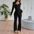 Women's Black Square-Neck Bow Cutout Jumpsuit