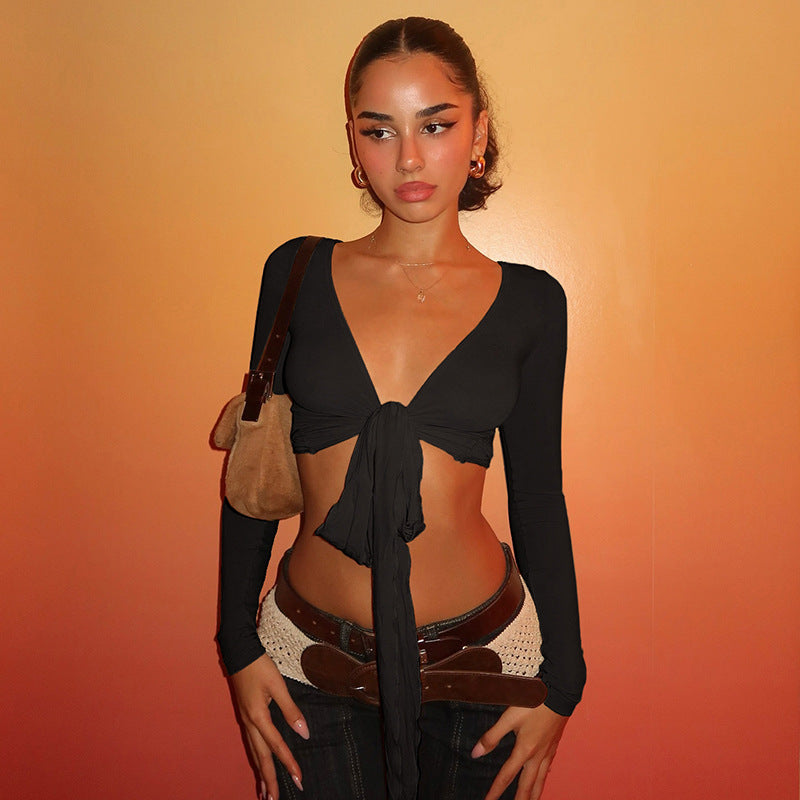Women's Lace-Up V-Neck Cropped Top