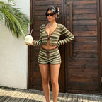 Beach Vacation Striped Short Top Drawstring Shorts Seaside Casual Vacation Beach Blouse Two Piece Sets Women