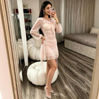 Women's Mesh Ruffled Long-Sleeve Bodycon Mini Dress