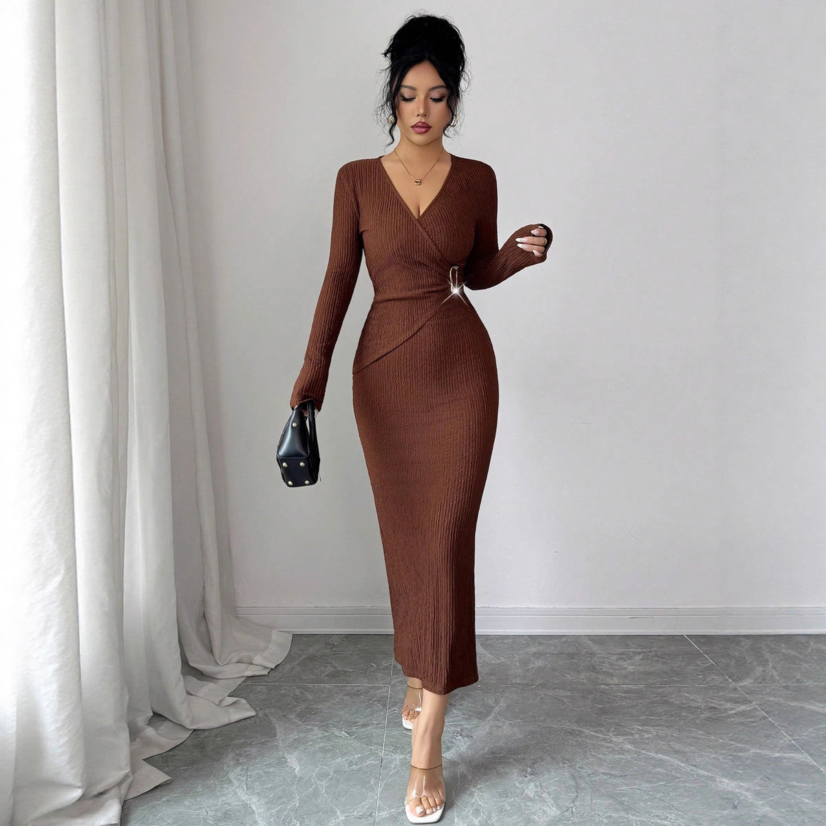 Cross-Collar Knitted Slim Dress