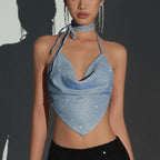 Women's Spring Sexy Rhinestone Halter Spaghetti Straps Slim Fit Tank Top
