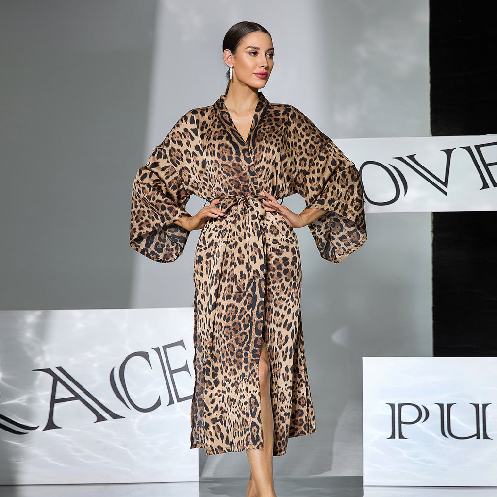 Women's Leopard Print Satin-Feel Long Robe