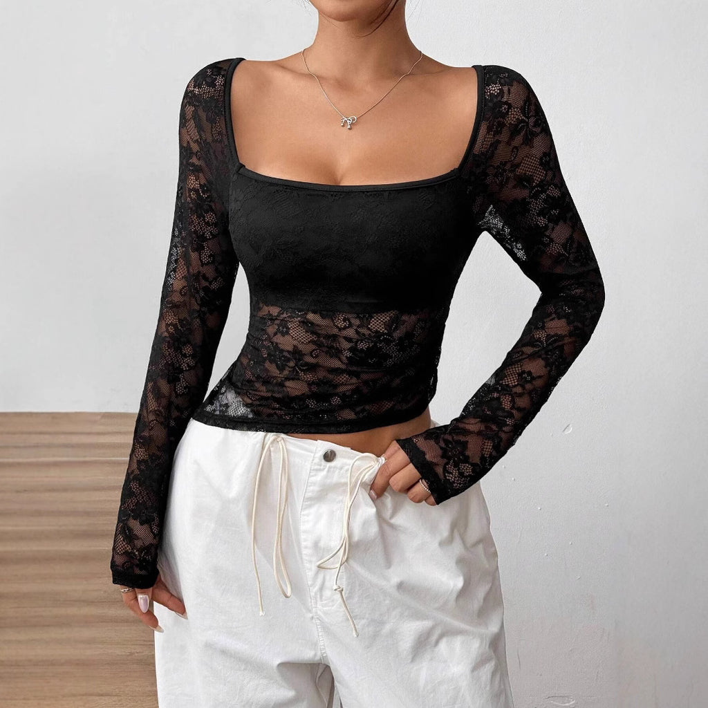 Women’s Black Lace Asymmetric Ruched Long Sleeve Top