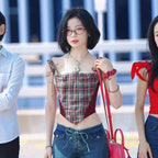 Women's Retro Sweet Spicy Color Matching Plaid Irregular Asymmetric Spaghetti Strap Niche Design Off Neck Waist Trimming Short Vest Top